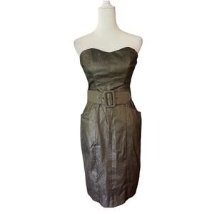 CACHE Vintage Gold Shimmer Metallic Y2K Disco Mini Belted Dress 4